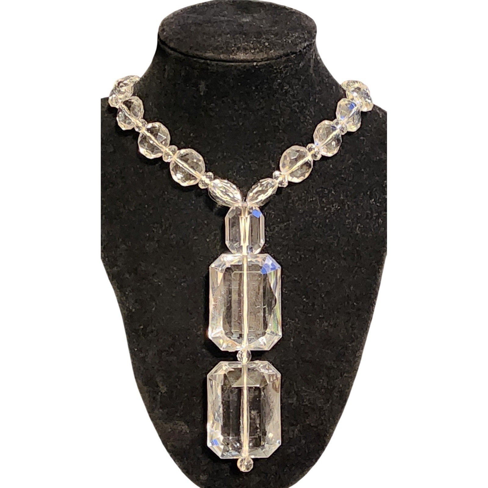 Vtg Faceted Clear Crystal Tiered Drop Pendant Necklace 23 Inch Statement